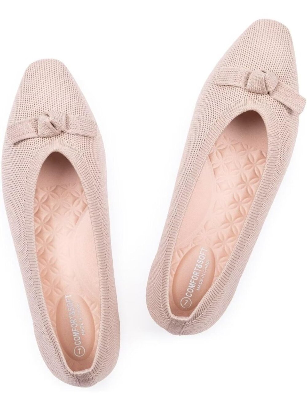 Women's Ecru Solid Ballet Flats Squared Toe Knit With Bow Knot Casual Slip On